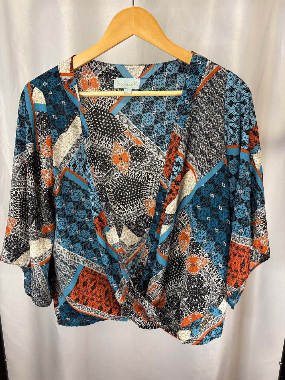 Veronica M Women’s Small Kimono Wrap Top Blue Orange Black Boho Abstract Print